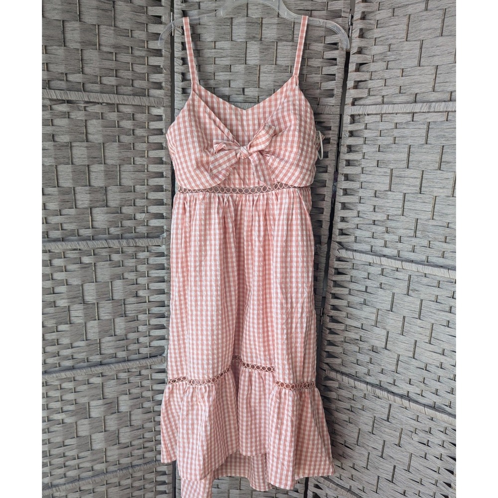Peach Pink White Gingham Midi Dress Tie Front Eyelet Lace Trim Sz L Cottagecore
